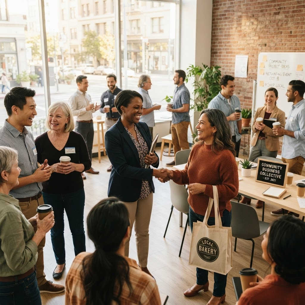 Local business owners and community members collaborating in a bright office
